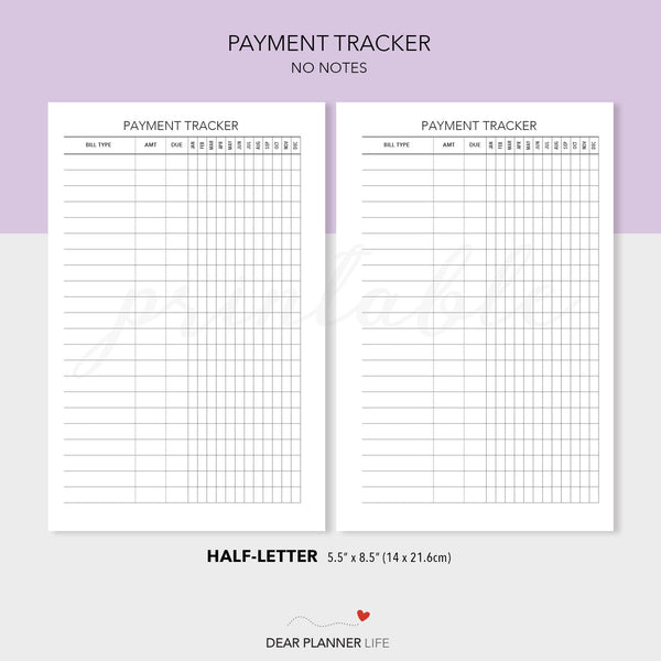 Payment Tracker (Half-Letter) Printable PDF : H-15