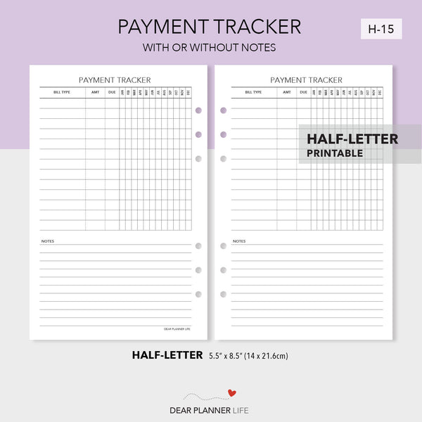 Payment Tracker (Half-Letter) Printable PDF : H-15