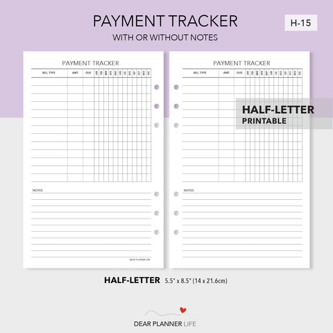 Payment Tracker (Half-Letter) Printable PDF : H-15