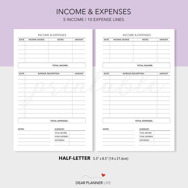 Income & Expenses Tracker (Half-Letter) Printable PDF : H-16