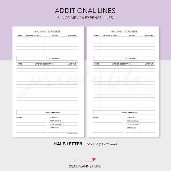 Income & Expenses Tracker (Half-Letter) Printable PDF : H-16