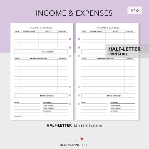 Income & Expenses Tracker (Half-Letter) Printable PDF : H-16