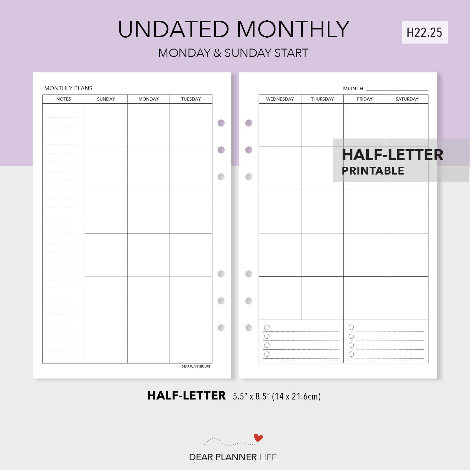 Undated Monthly Template (Half-Letter) Printable PDF : H-22.25 – DearPlannerLife for Free Half Letter Planner Printables