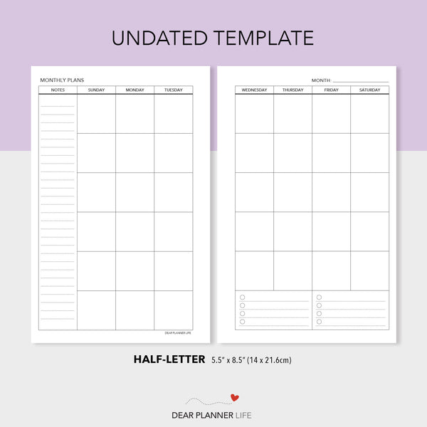 Undated Monthly Template (Half-Letter) Printable PDF : H-22.25