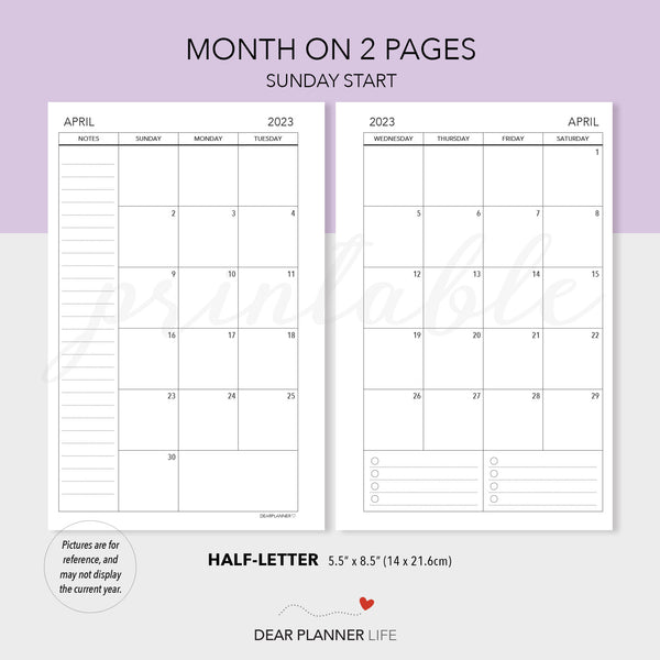 2025 Monthly Calendar (Half-Letter) Sunday Start Printable PDF : H-22