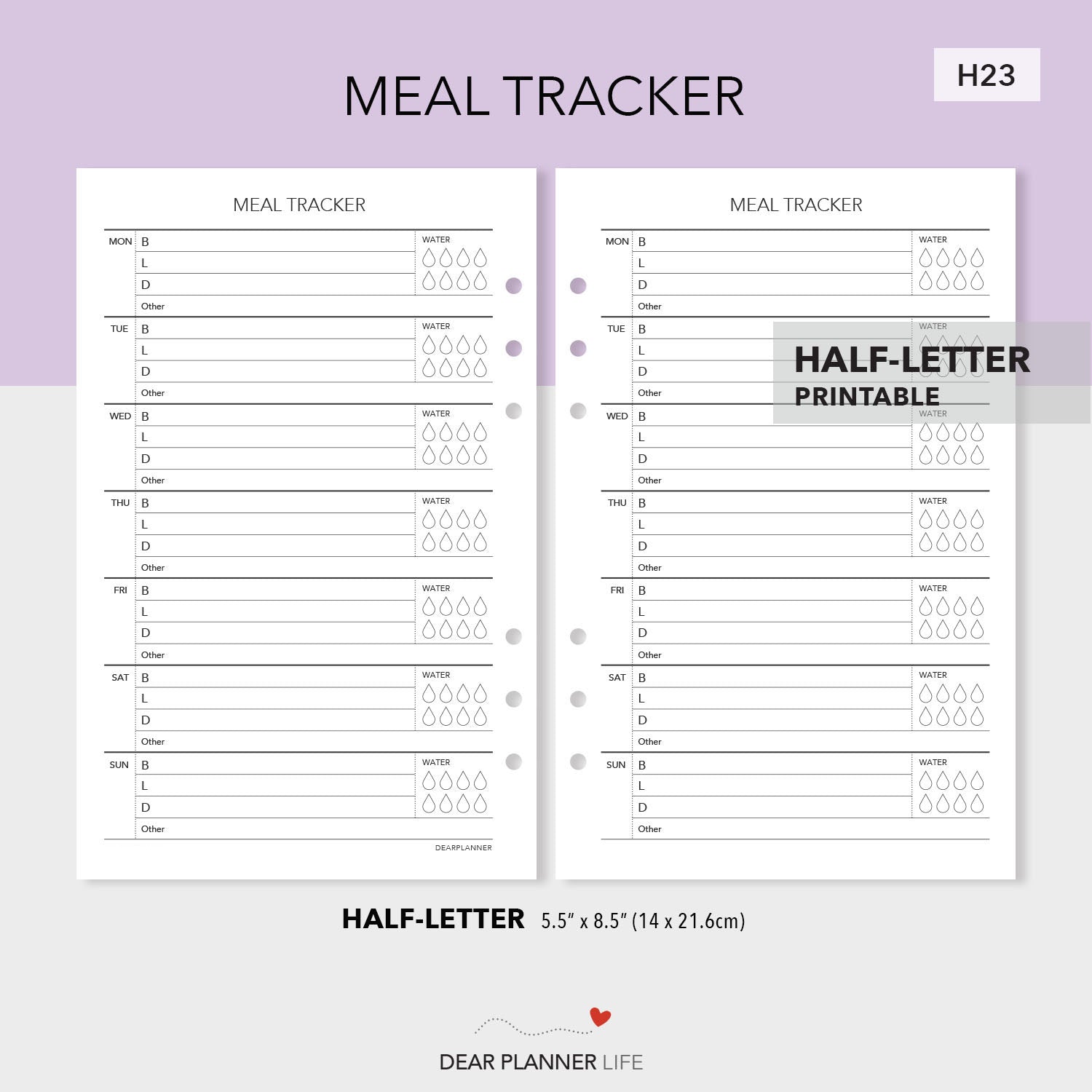 Meal Tracker (Half-Letter) Printable PDF : H23