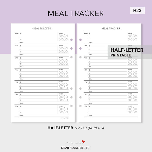 Meal Tracker (Half-Letter) Printable PDF : H23