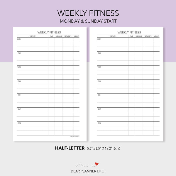 Weekly Fitness (Half-Letter) Tracker Printable PDF : H24