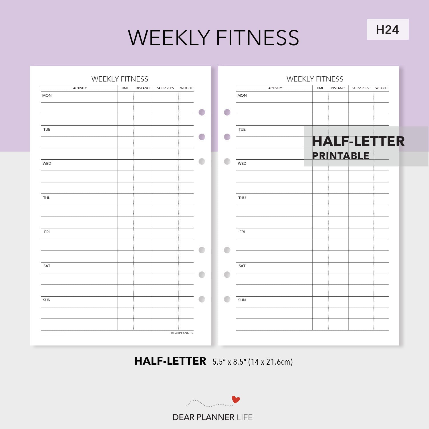 Weekly Fitness (Half-Letter) Tracker Printable PDF : H24