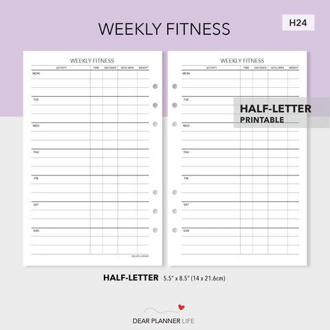 Weekly Fitness (Half-Letter) Tracker Printable PDF : H24