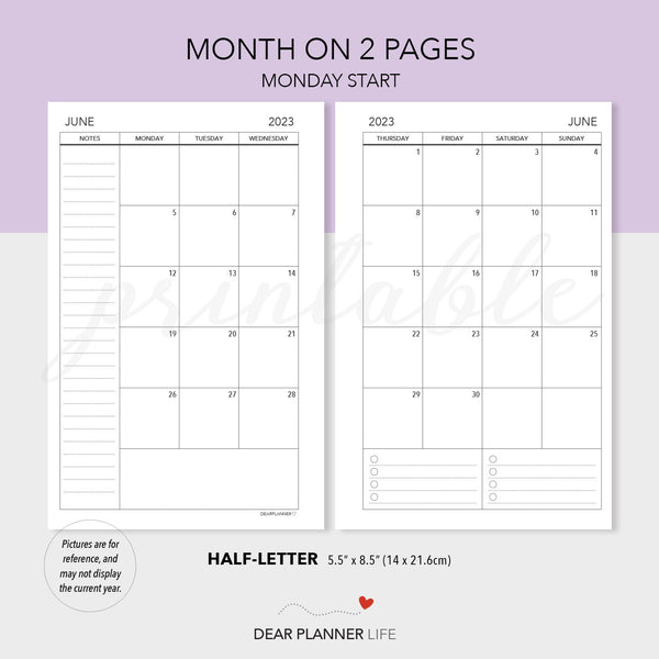 2024 Monthly Calendar (Half-Letter) MONDAY Start Printable PDF : H-25