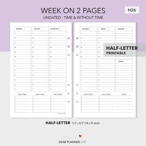 Week on 2 pages, Undated Vertical Format - Printable PDF : H26