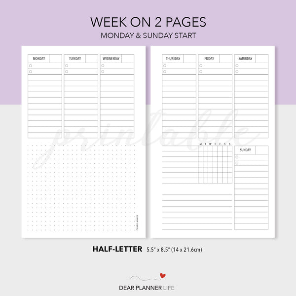 Vertical Week on 2 pages with Dots & Tracker (Half-Letter) - Printable PDF : H27