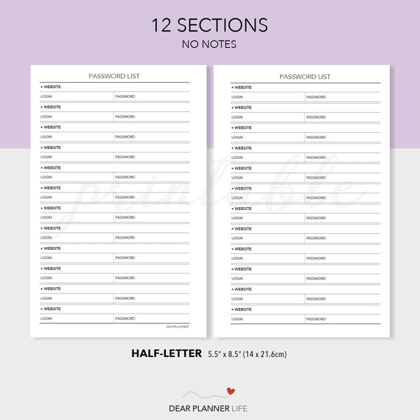 Password List Tracker (Half-Letter) Printable PDF : H28