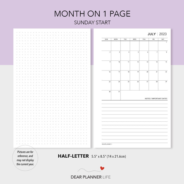 2025 Month on 1 Page Calendar (Half-Letter) Sunday Start Printable PDF : H-29