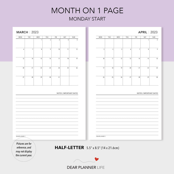 2024 Continuous Month on 1 Page (Half-Letter) MONDAY Start Printable PDF : H-30 C