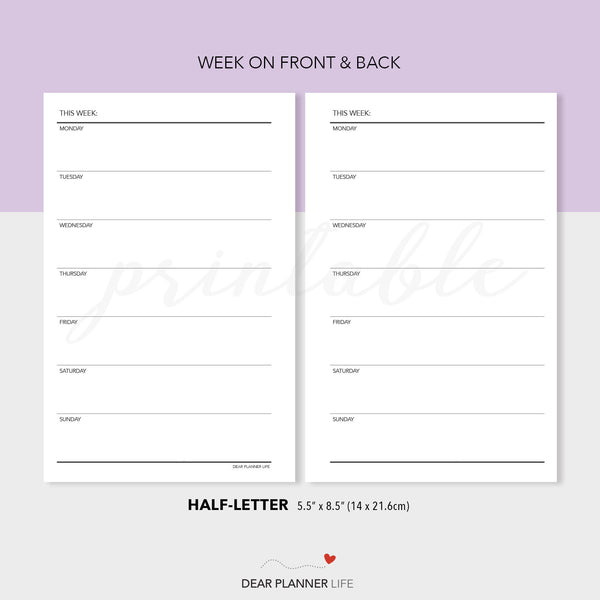 Simple Week on 1 Page Template (Half-Letter) Printable PDF : H-31