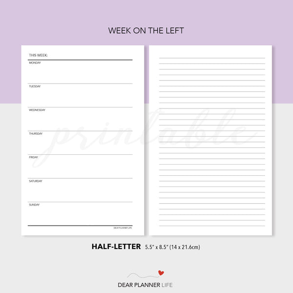 Simple Week on 1 Page Template (Half-Letter) Printable PDF : H-31