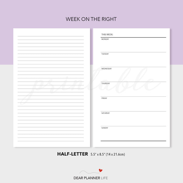 Simple Week on 1 Page Template (Half-Letter) Printable PDF : H-31