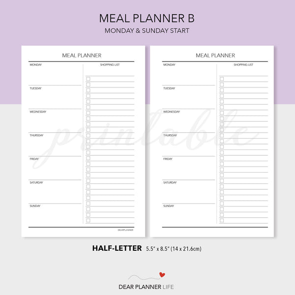 Meal Planning (Half-Letter) Printable PDF : H32-B