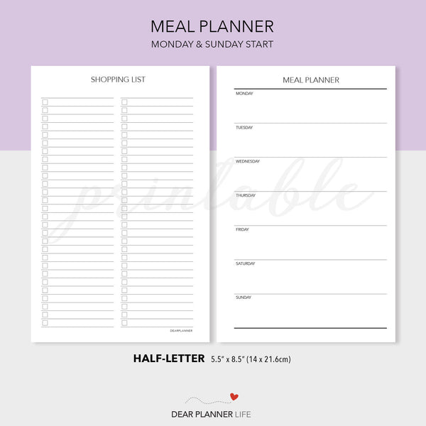 Meal Planning (Half-Letter) Printable PDF : H32-A