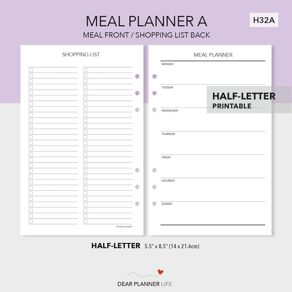 Meal Planning (Half-Letter) Printable PDF : H32-A