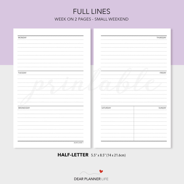 Horizontal Weekly with Small Weekend (Half-Letter) Printable PDF : H33