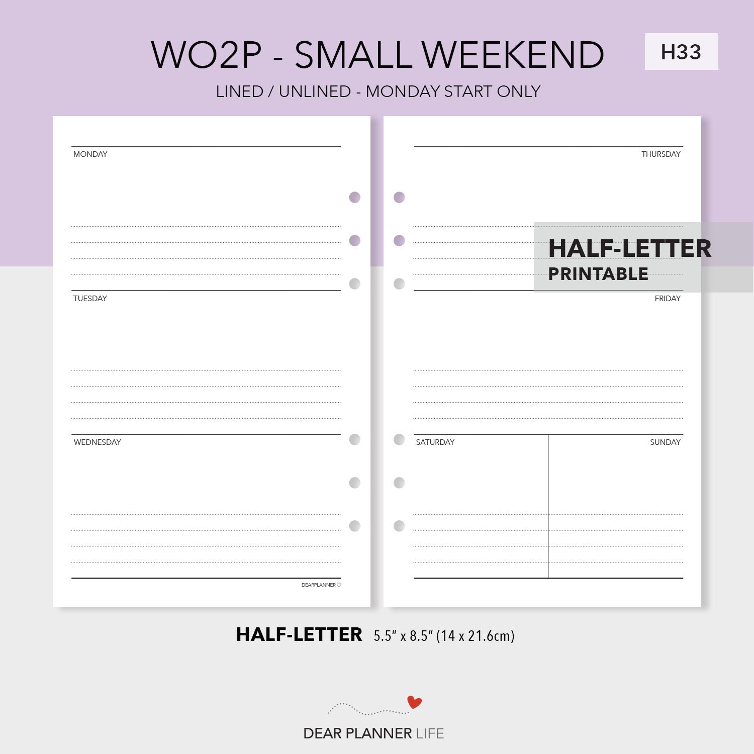 Horizontal Weekly with Small Weekend (Half-Letter) Printable PDF : H33