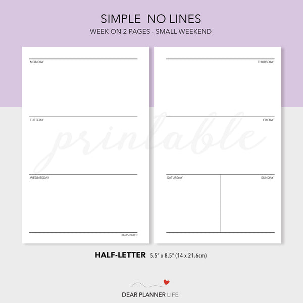 Horizontal Weekly with Small Weekend (Half-Letter) Printable PDF : H33