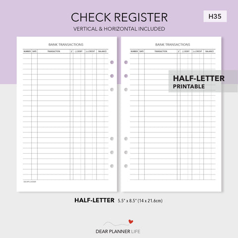 Bank / Check Register Template (Half-Letter) Printable PDF : H-35