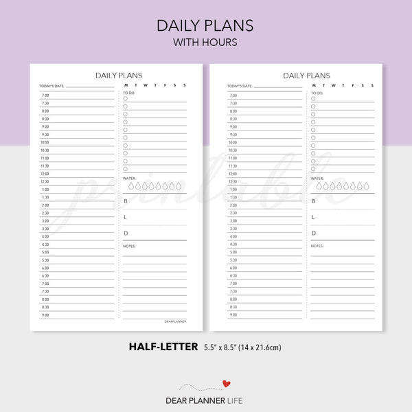 Daily Plans With & Without Hours (Half-Letter) Printable PDF : H-36