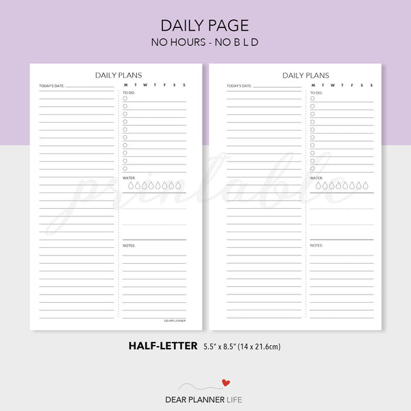 Daily Plans With & Without Hours (Half-Letter) Printable PDF : H-36