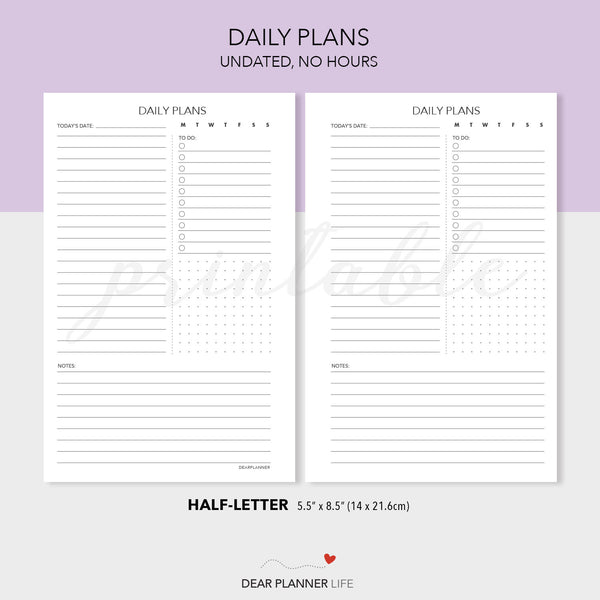 Daily Plans Page (Half-Letter) Printable PDF : H-37