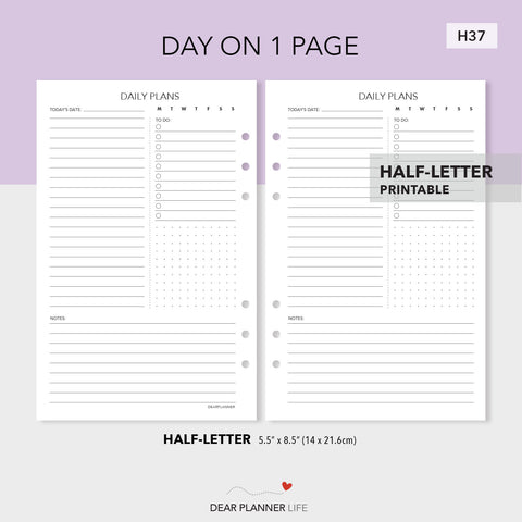 Daily Plans Page (Half-Letter) Printable PDF : H-37