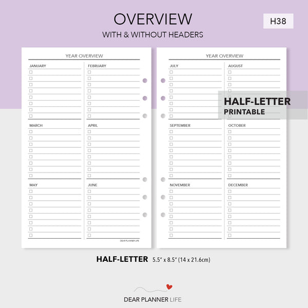 Year Overview (Half-Letter) Printable PDF : H38