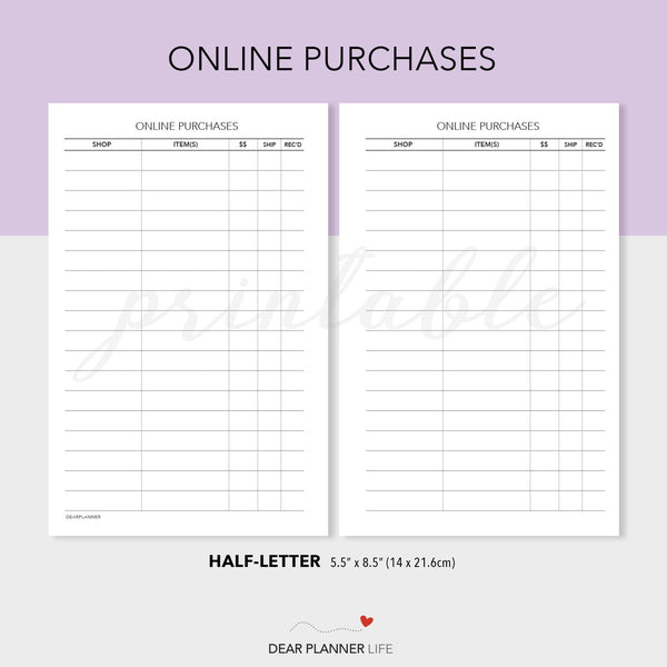 Online Purchases Tracker (Half-Letter) Printable PDF : H39