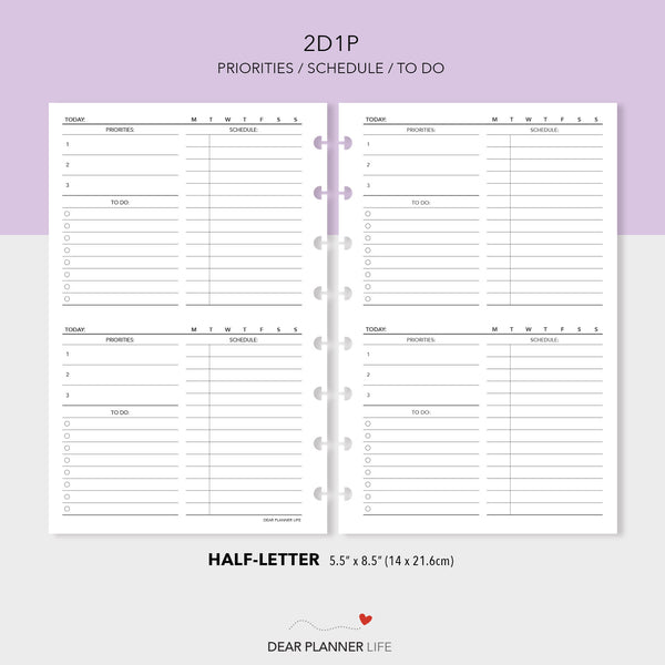 2 Days on 1 Page, Priority & Schedule at Top (Half-Letter) Printable PDF : H-42