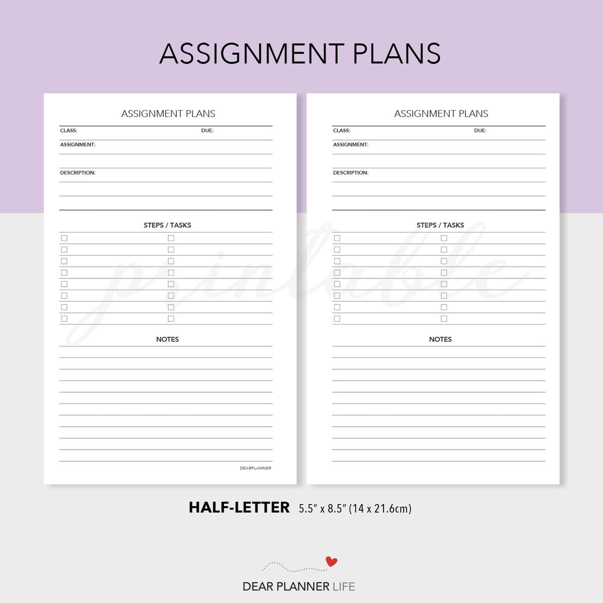 Assignment Tracker (Half-Letter) Printable PDF : H44 – DearPlannerLife