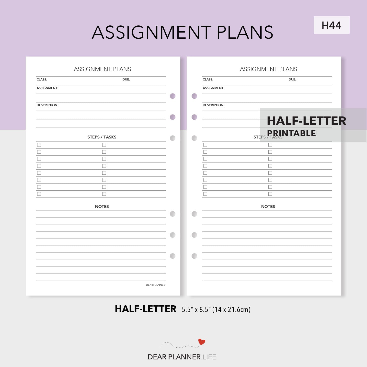 Assignment Tracker (Half-Letter) Printable PDF : H44