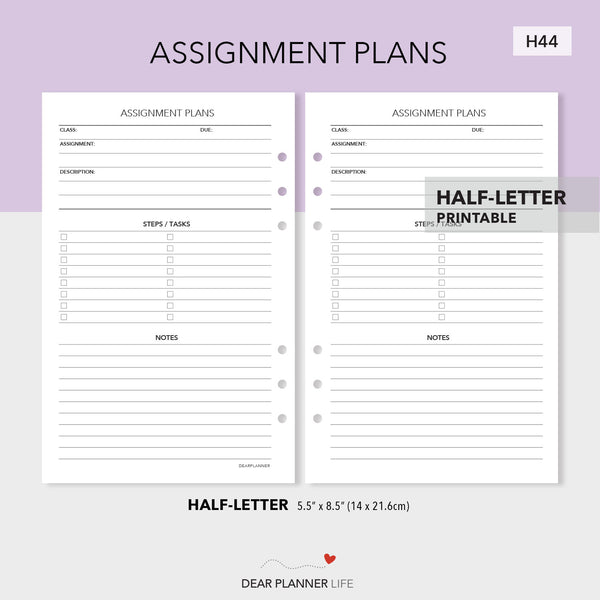 Assignment Tracker (Half-Letter) Printable PDF : H44