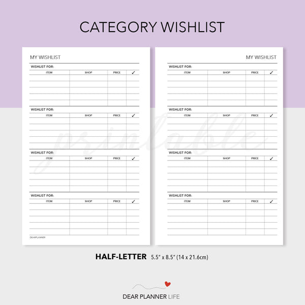 Category Wishlist Tracker (Half-Letter) Printable PDF : H46-A