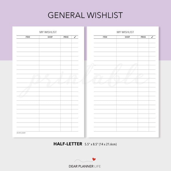 General Wishlist Tracker (Half-Letter) Printable PDF : H46-B