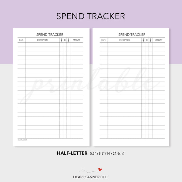 Spend Tracker (Half-Letter) Printable PDF : H48