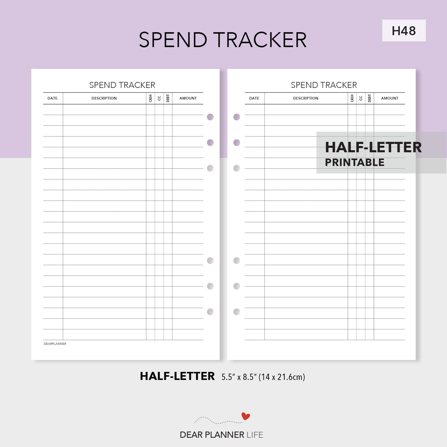 Spend Tracker (Half-Letter) Printable PDF : H48