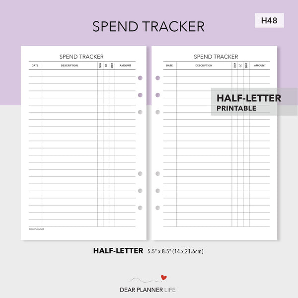 Spend Tracker (Half-Letter) Printable PDF : H48