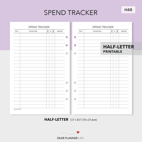 Spend Tracker (Half-Letter) Printable PDF : H48