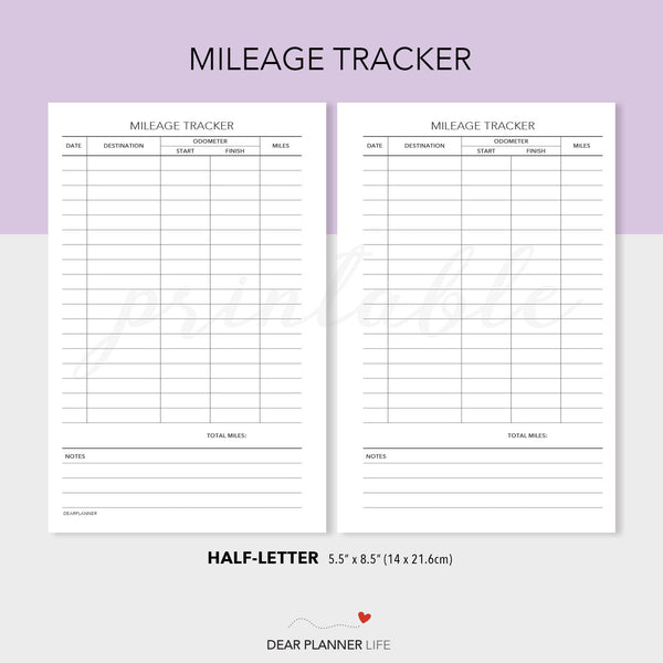 Mileage Tracker (Half-Letter) Printable PDF : H49