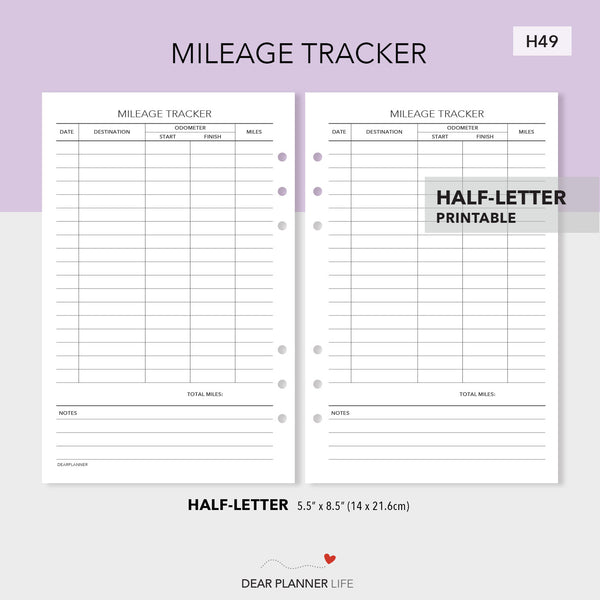 Mileage Tracker (Half-Letter) Printable PDF : H49