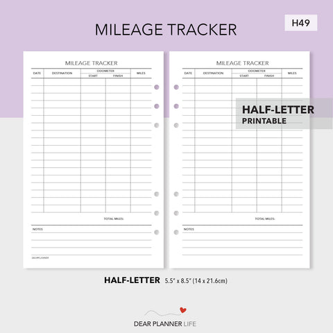 Mileage Tracker (Half-Letter) Printable PDF : H49