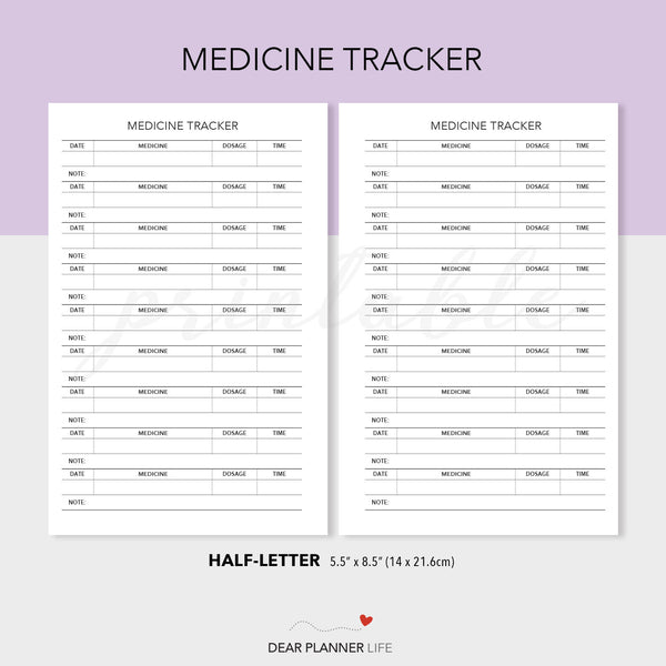 Medicine Tracker (Half-Letter) Printable PDF : H50